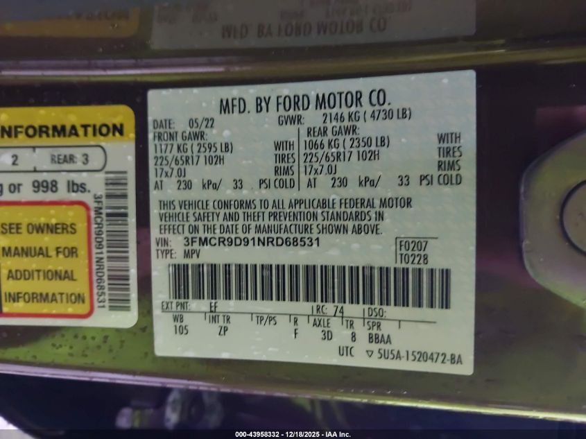 2022 Ford Bronco Sport Badlands VIN: 3FMCR9D91NRD68531 Lot: 43958332