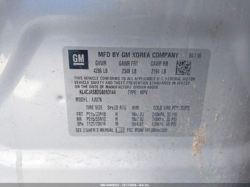 2016 Buick Encore VIN: KL4CJASB2GB693144 Lot: 43958333