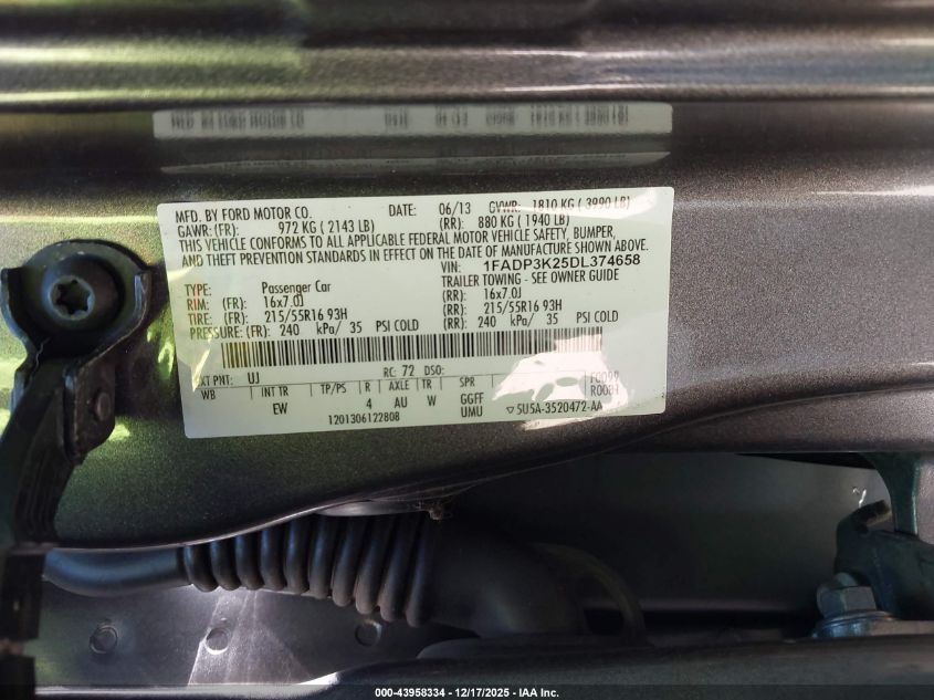 2013 Ford Focus Se VIN: 1FADP3K25DL374658 Lot: 43958334