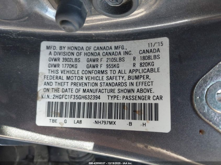 2016 Honda Civic Ex-T VIN: 2HGFC1F35GH632394 Lot: 43958337