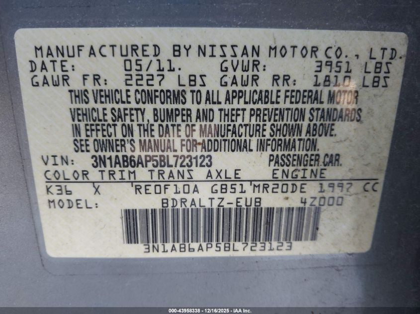 2011 Nissan Sentra 2.0S VIN: 3N1AB6AP5BL723123 Lot: 43958338