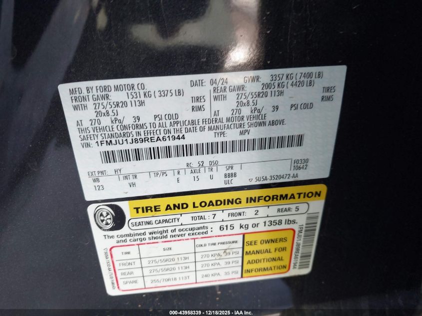 2024 Ford Expedition Xlt VIN: 1FMJU1J89REA61944 Lot: 43958339