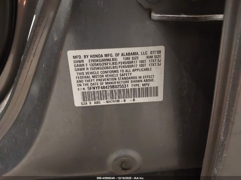 2009 Honda Pilot Ex VIN: 5FNYF48429B025531 Lot: 43958340