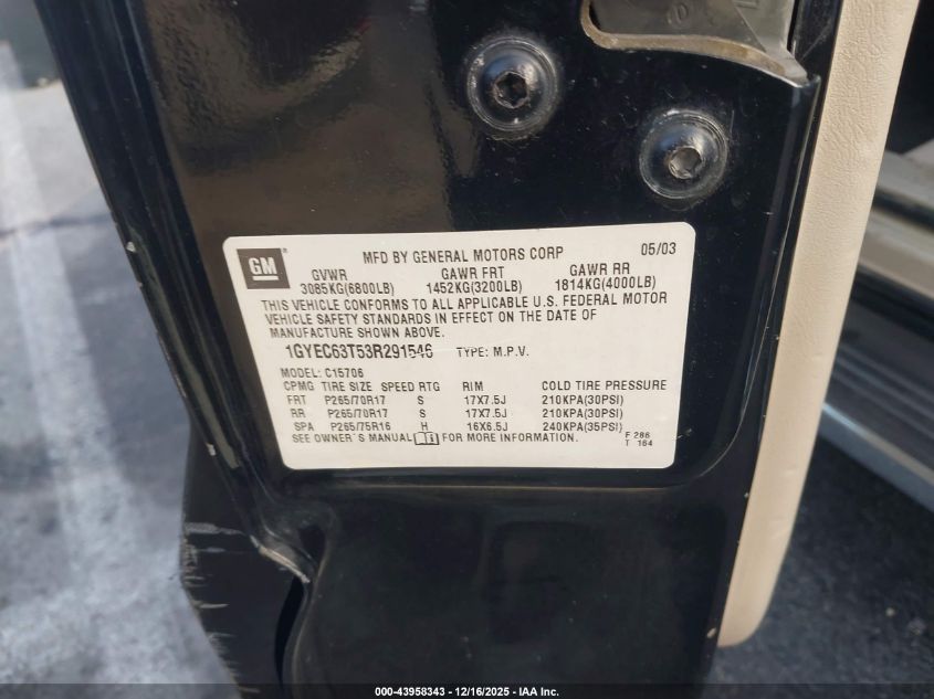 2003 Cadillac Escalade Standard VIN: 1GYEC63T53R291546 Lot: 43958343