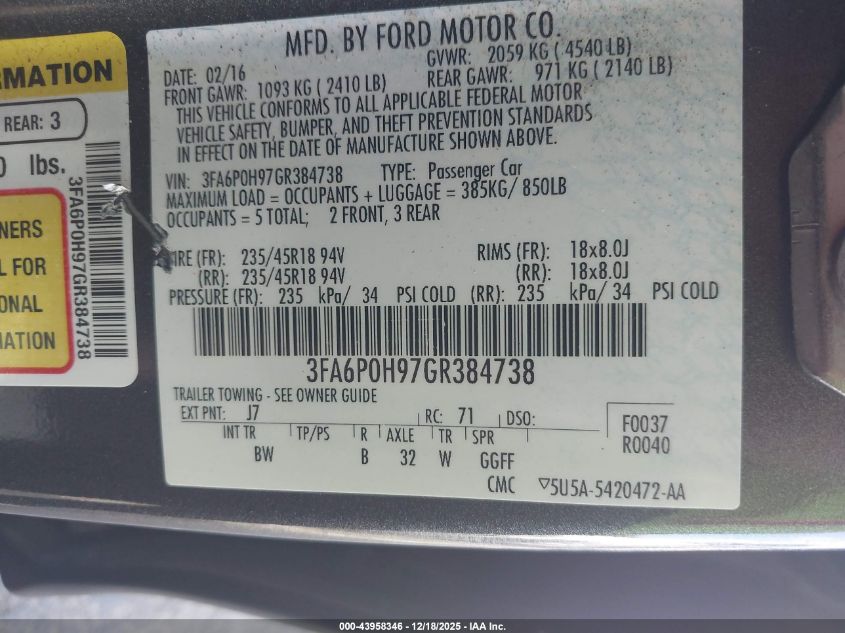 2016 Ford Fusion Se VIN: 3FA6P0H97GR384738 Lot: 43958346