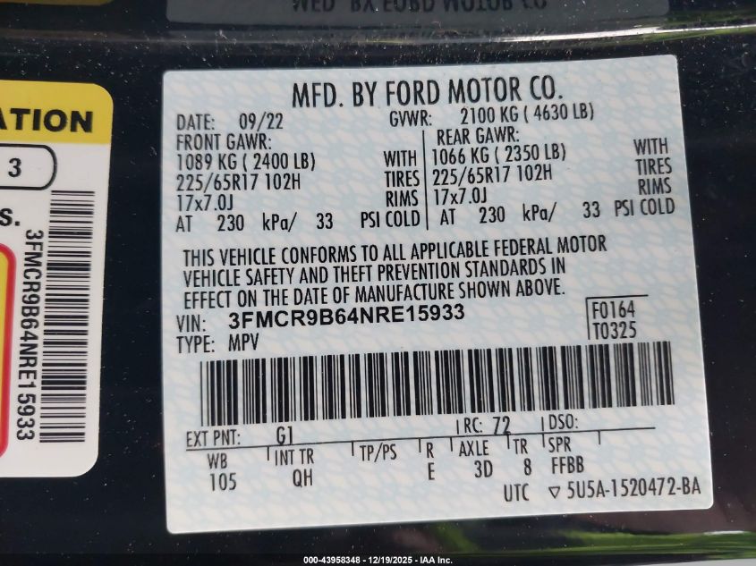 2022 Ford Bronco Sport Big Bend VIN: 3FMCR9B64NRE15933 Lot: 43958348