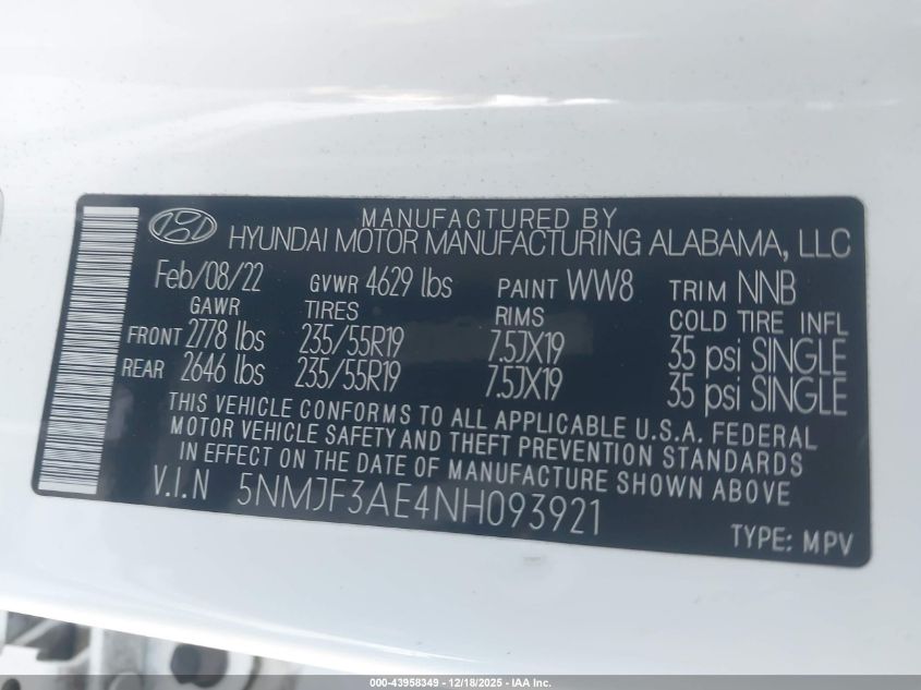 2022 Hyundai Tucson Sel VIN: 5NMJF3AE4NH093921 Lot: 43958349