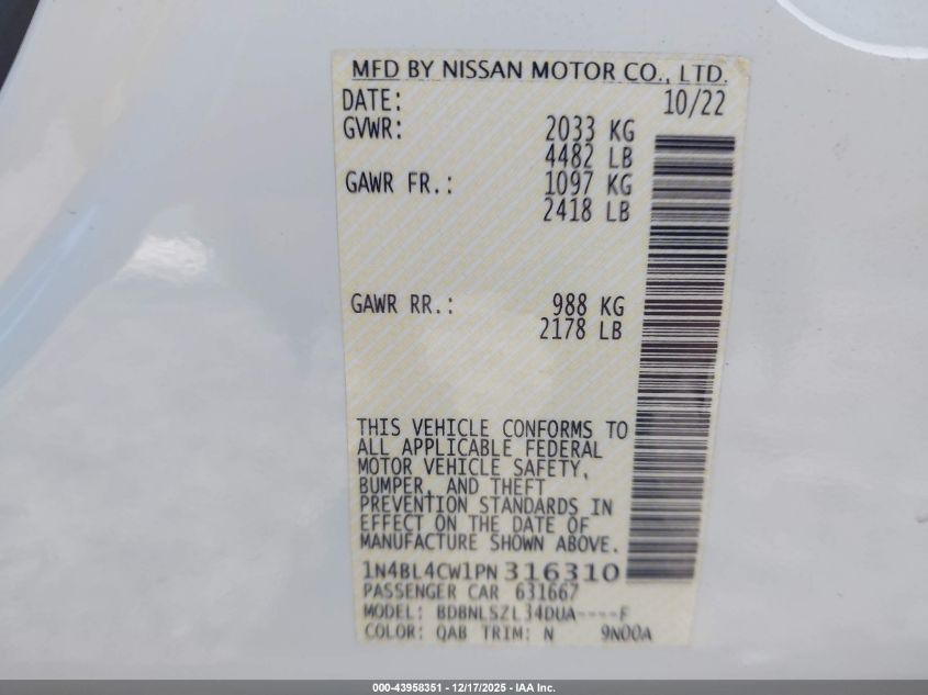 2023 Nissan Altima Sr Intelligent Awd VIN: 1N4BL4CW1PN316310 Lot: 43958351