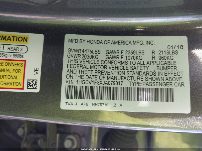 2018 Honda Accord Sport VIN: 1HGCV1F3XJA079017 Lot: 43958357