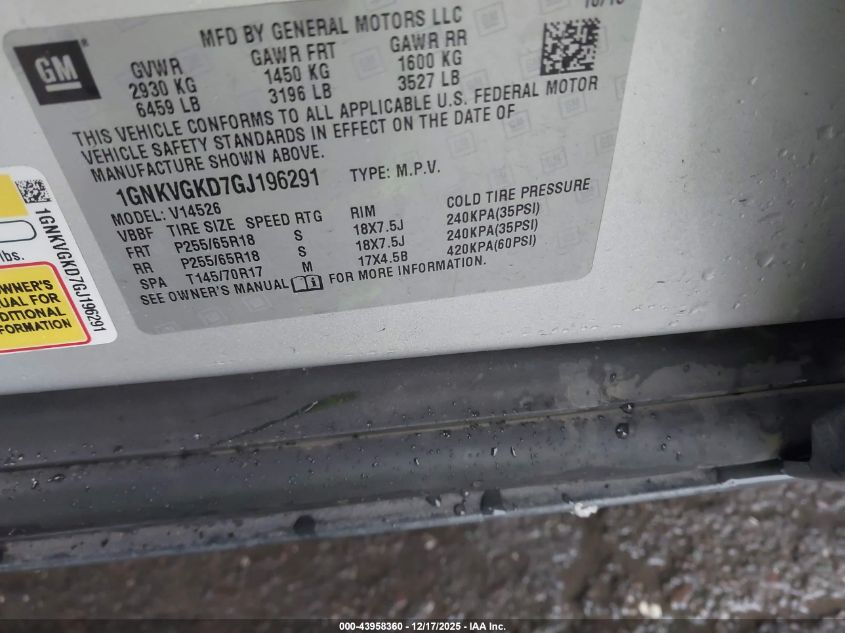 2016 Chevrolet Traverse 1Lt VIN: 1GNKVGKD7GJ196291 Lot: 43958360