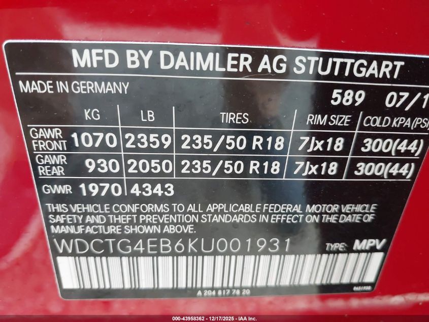 2019 Mercedes-Benz Gla 250 VIN: WDCTG4EB6KU001931 Lot: 43958362