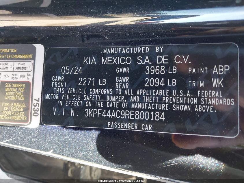 2024 Kia Forte Gt VIN: 3KPF44AC9RE800184 Lot: 43958371