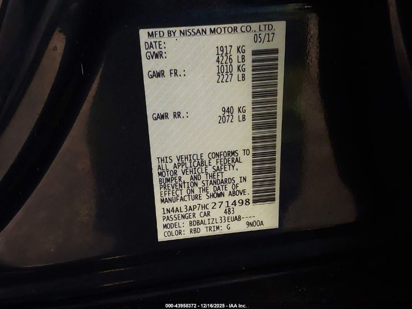 2017 Nissan Altima 2.5 Sv VIN: 1N4AL3AP7HC271498 Lot: 43958372