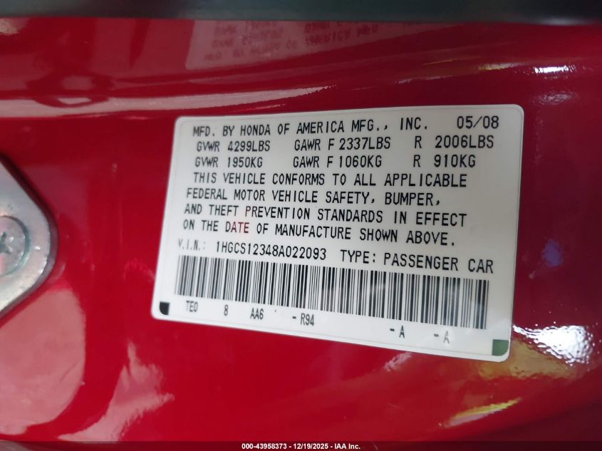 2008 Honda Accord 2.4 Lx-S VIN: 1HGCS12348A022093 Lot: 43958373