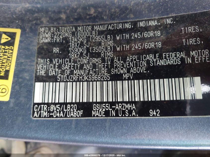 2019 Toyota Highlander Xle VIN: 5TDJZRFH3KS968265 Lot: 43958376