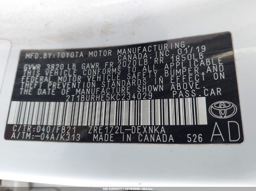 2019 Toyota Corolla Le VIN: 2T1BURHE5KC234029 Lot: 43958377