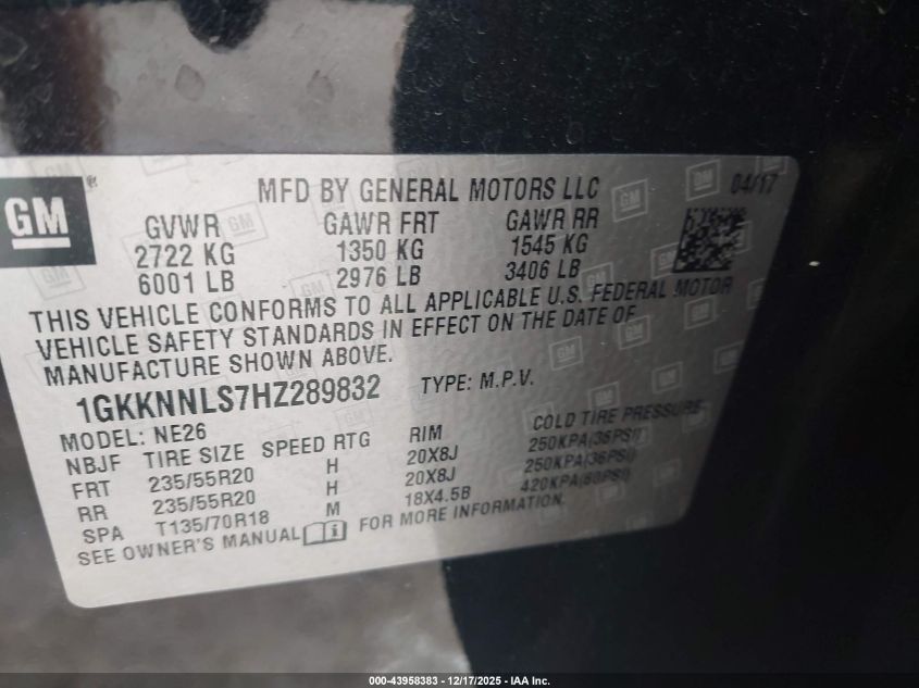 2017 GMC Acadia Slt-2 VIN: 1GKKNNLS7HZ289832 Lot: 43958383