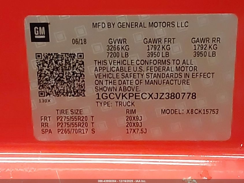 2018 Chevrolet Silverado 1500 Custom VIN: 1GCVKPECXJZ380778 Lot: 43958384