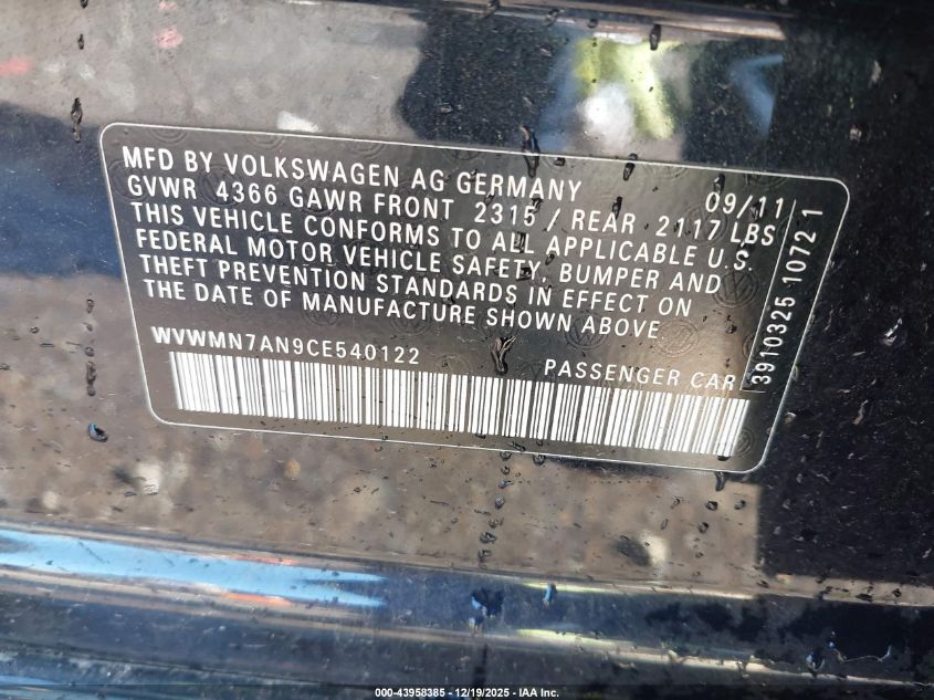 2012 Volkswagen Cc VIN: WVWMN7AN9CE540122 Lot: 43958385