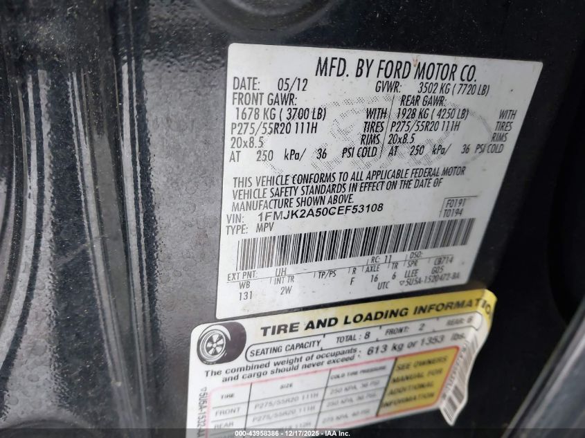 2012 Ford Expedition El Limited VIN: 1FMJK2A50CEF53108 Lot: 43958386