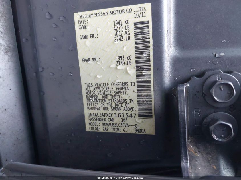 2012 Nissan Altima 2.5 S VIN: 1N4AL2APXCC161547 Lot: 43958387