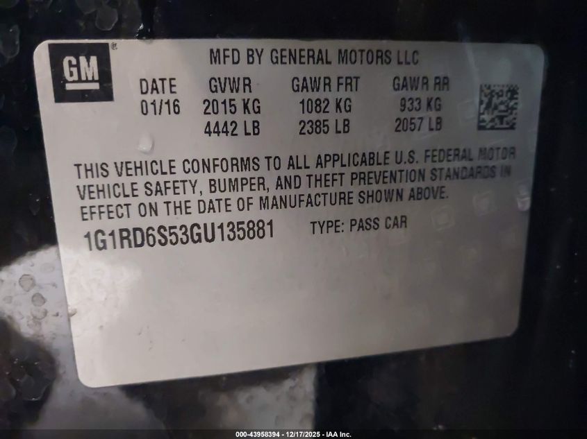 2016 Chevrolet Volt Premier VIN: 1G1RD6S53GU135881 Lot: 43958394