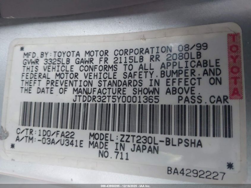 2000 Toyota Celica Gt VIN: JTDDR32T5Y0001365 Lot: 43958395