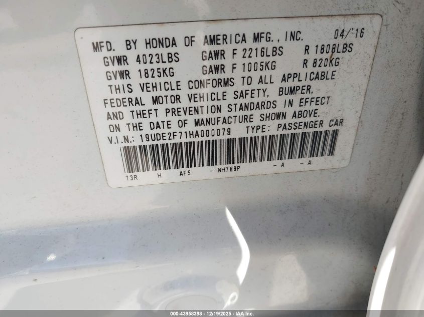 2017 Acura Ilx Premium Package/Technology Plus Package VIN: 19UDE2F71HA000079 Lot: 43958398