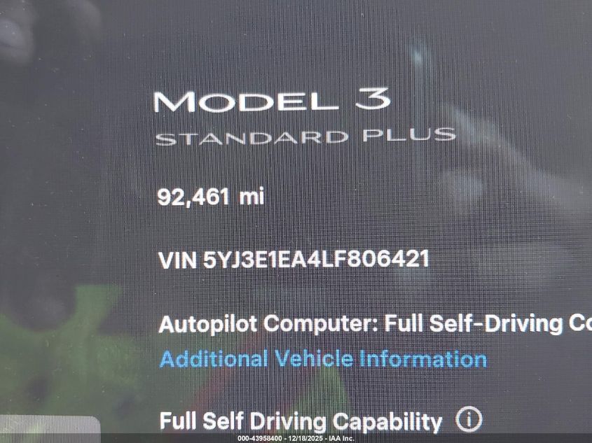 2020 Tesla Model 3 Standard Range Plus Rear-Wheel Drive/Standard Range Rear-Wheel Drive VIN: 5YJ3E1EA4LF806421 Lot: 43958400