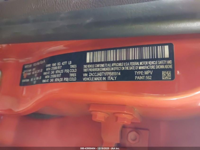 2015 Jeep Renegade Latitude VIN: ZACCJABT1FPB85914 Lot: 43958404