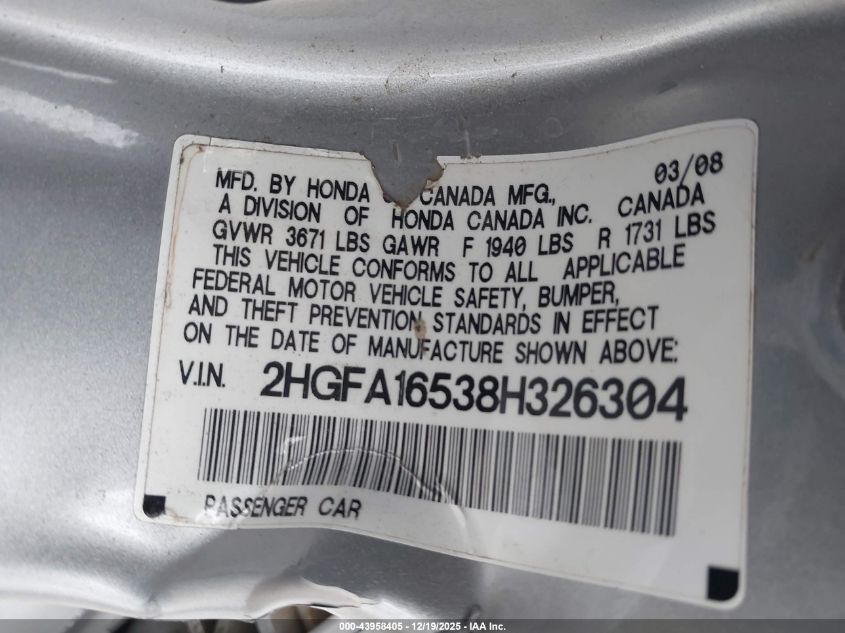 2008 Honda Civic Lx VIN: 2HGFA16538H326304 Lot: 43958405