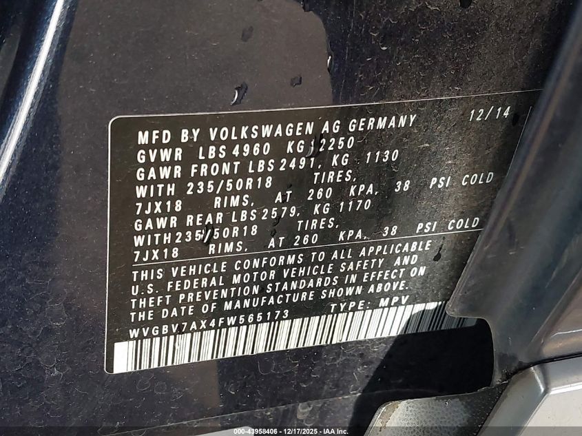 2015 Volkswagen Tiguan Sel VIN: WVGBV7AX4FW565173 Lot: 43958406