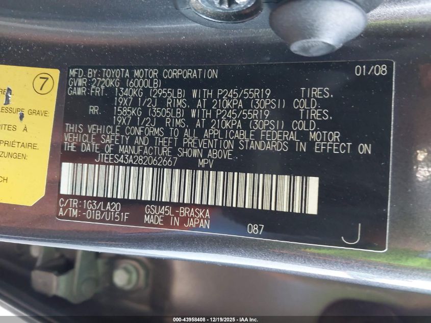 2008 Toyota Highlander Sport VIN: JTEES43A282062667 Lot: 43958408