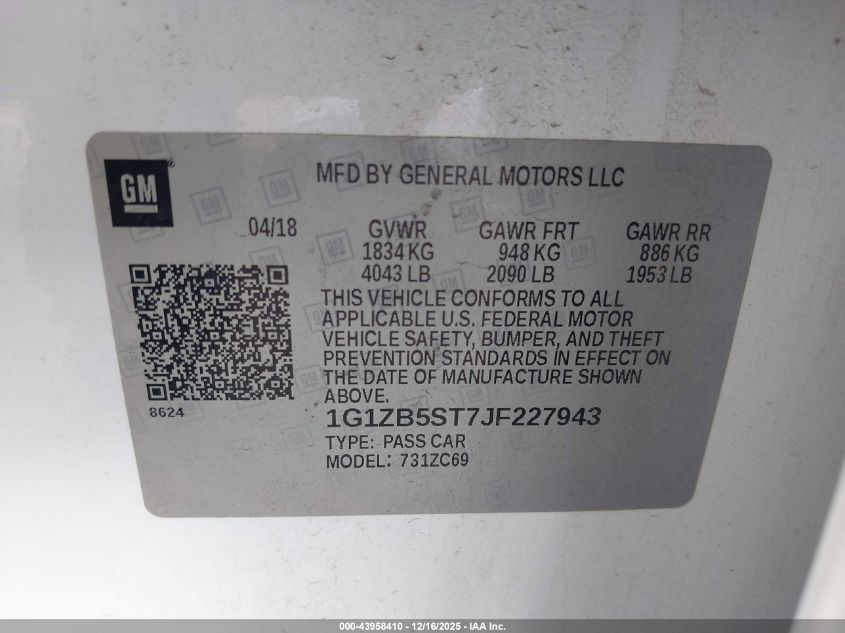 2018 Chevrolet Malibu 1Ls VIN: 1G1ZB5ST7JF227943 Lot: 43958410