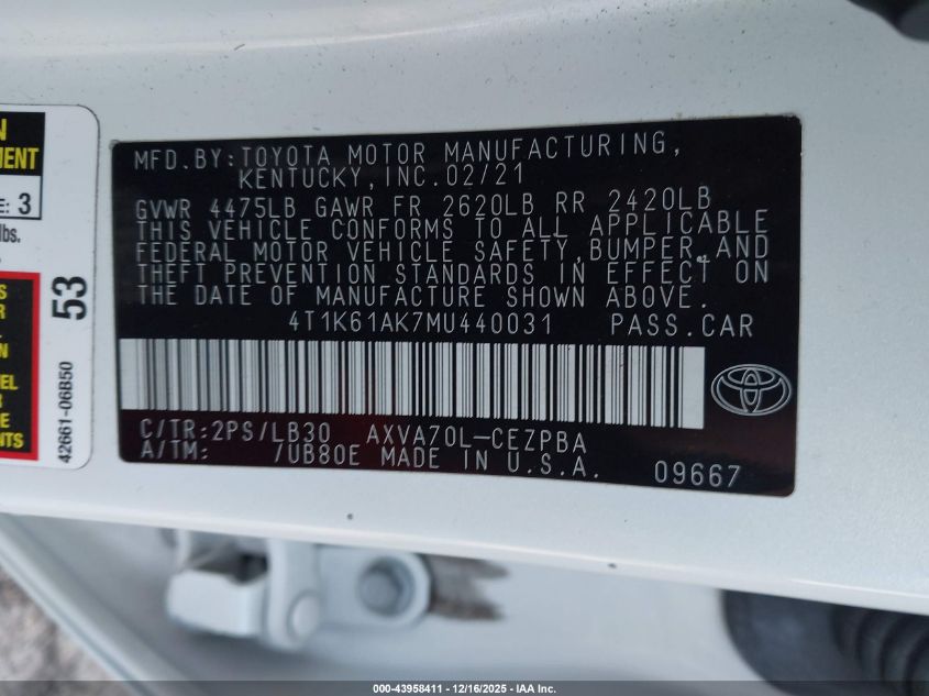 2021 Toyota Camry Xse VIN: 4T1K61AK7MU440031 Lot: 43958411