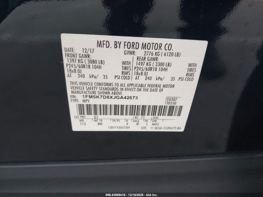2018 Ford Explorer Xlt VIN: 1FM5K7D8XJGA42673 Lot: 43958416