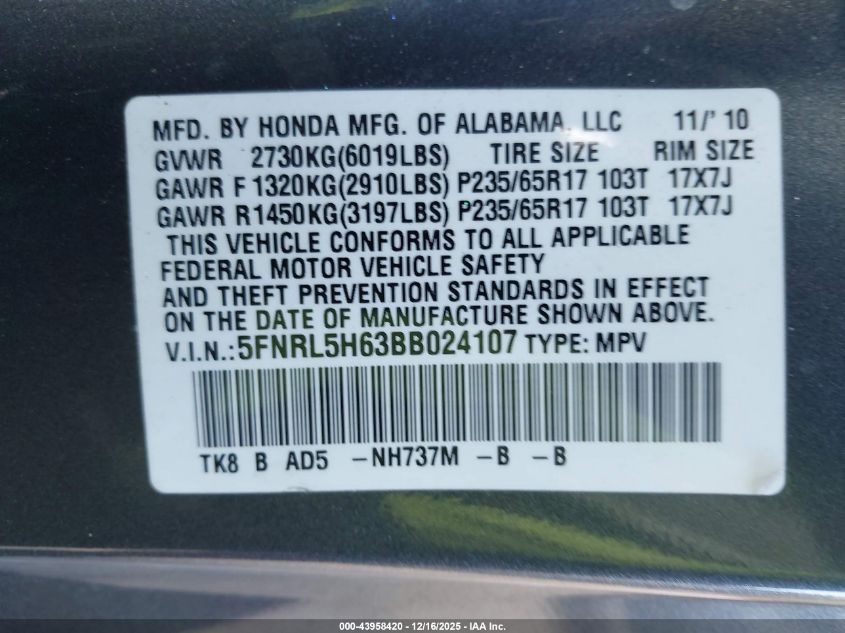 2011 Honda Odyssey Ex-L VIN: 5FNRL5H63BB024107 Lot: 43958420