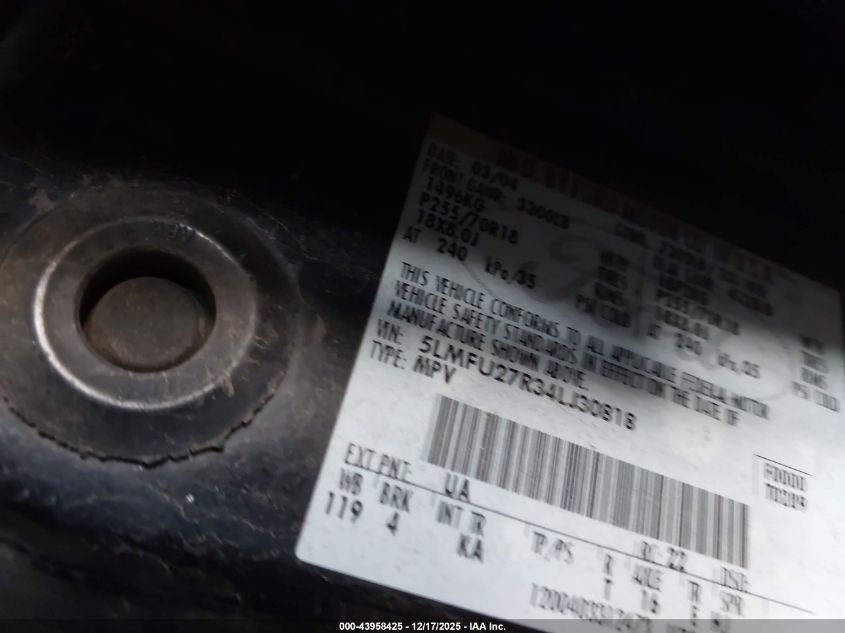 2004 Lincoln Navigator VIN: 5LMFU27R34LJ30818 Lot: 43958425