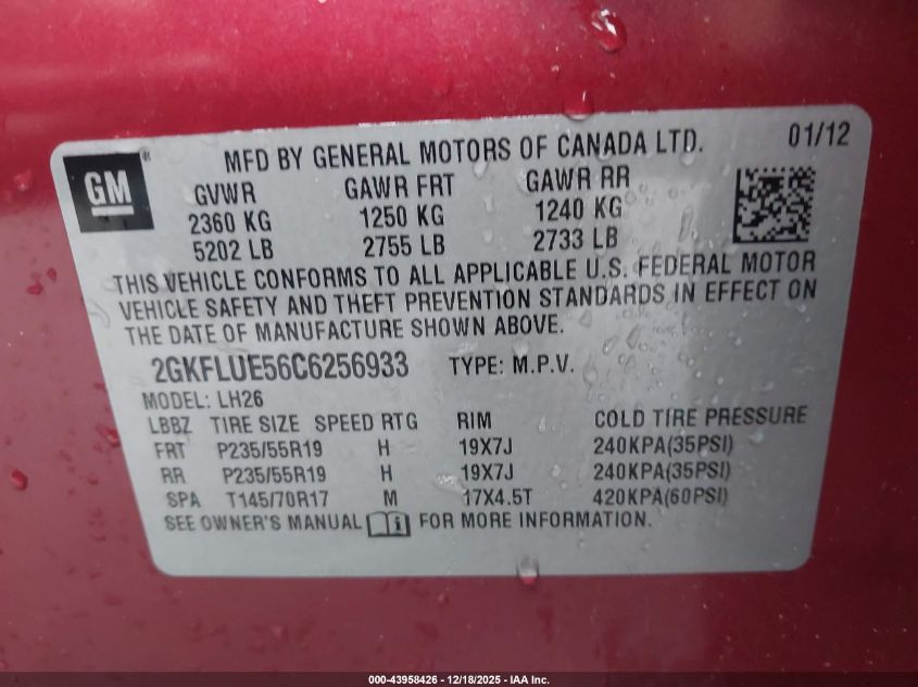 2012 GMC Terrain Slt-1 VIN: 2GKFLUE56C6256933 Lot: 43958426