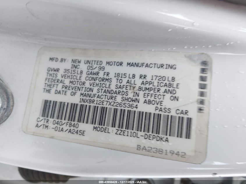 1999 Toyota Corolla Ce VIN: 1NXBR12E7XZ265364 Lot: 43958428