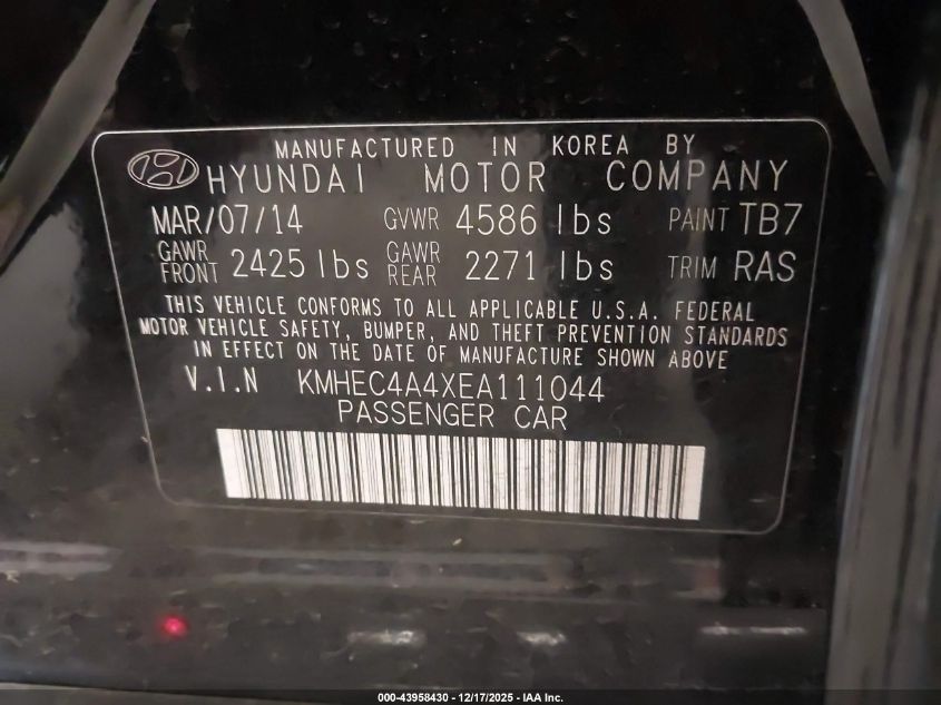 2014 Hyundai Sonata Hybrid Limited VIN: KMHEC4A4XEA111044 Lot: 43958430