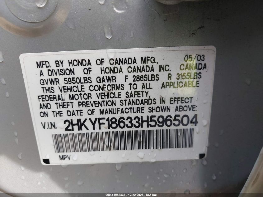 2003 Honda Pilot Ex-L VIN: 2HKYF18633H596504 Lot: 43958437