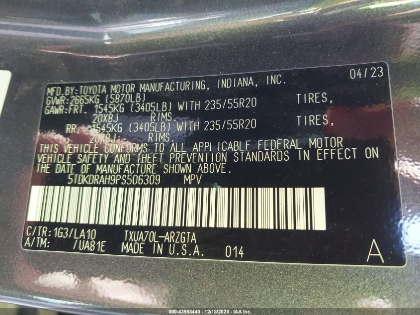 2023 Toyota Highlander Platinum VIN: 5TDKDRAH9PS506309 Lot: 43958440