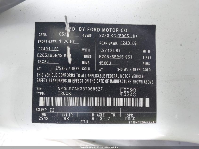 2011 Ford Transit Connect Xl VIN: NM0LS7AN3BT068527 Lot: 43958443