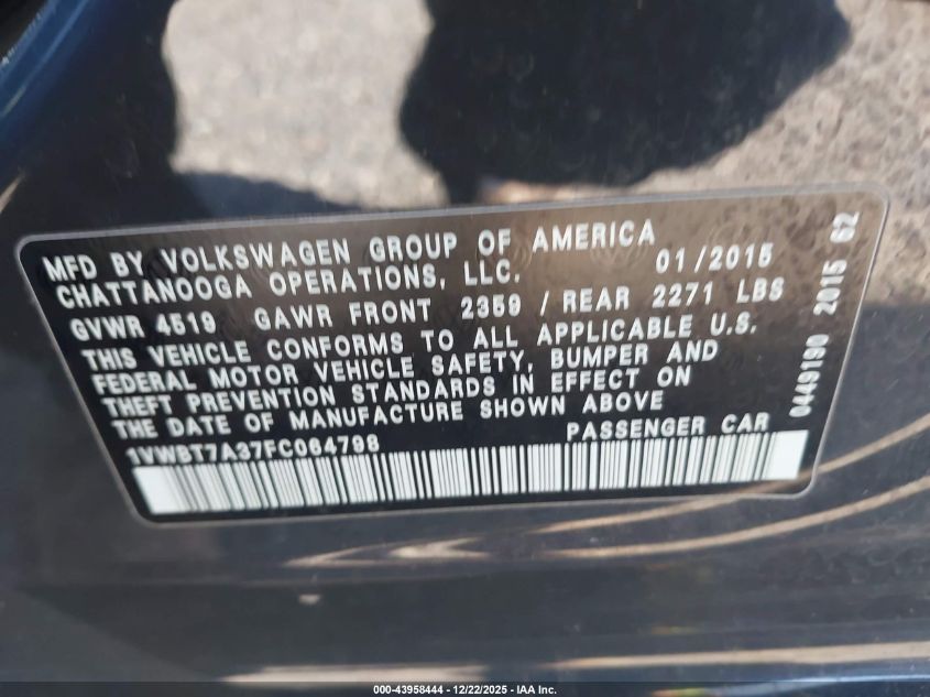 2015 Volkswagen Passat 1.8T Sport VIN: 1VWBT7A37FC064798 Lot: 43958444