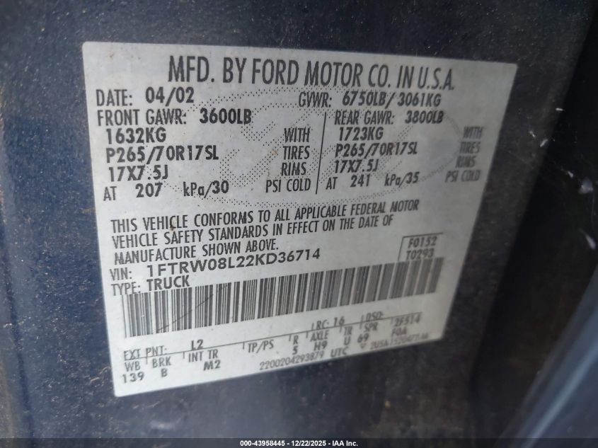 2002 Ford F-150 Lariat/Xlt VIN: 1FTRW08L22KD36714 Lot: 43958445