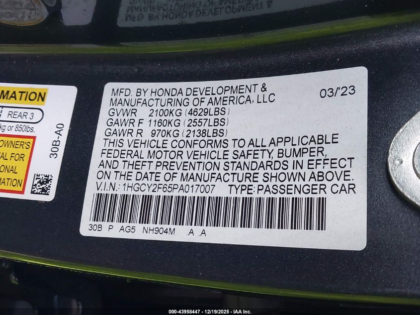 2023 Honda Accord Hybrid Ex-L VIN: 1HGCY2F65PA017007 Lot: 43958447