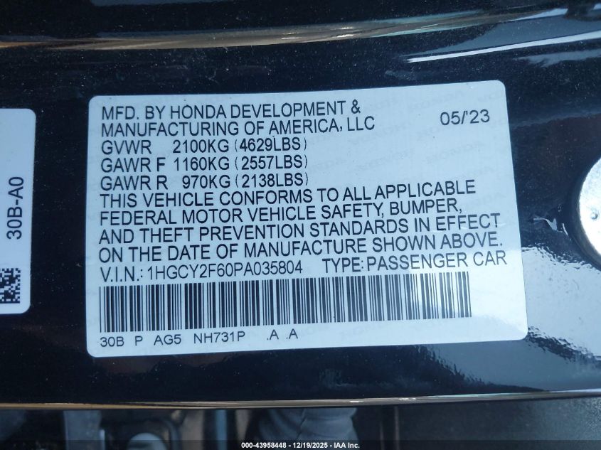 2023 Honda Accord Hybrid Ex-L VIN: 1HGCY2F60PA035804 Lot: 43958448