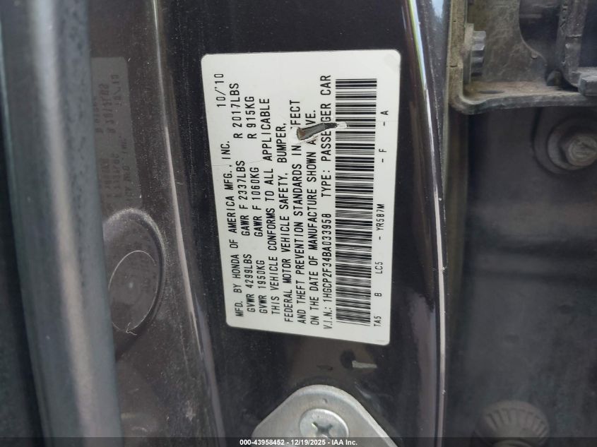 2011 Honda Accord 2.4 Lx VIN: 1HGCP2F34BA033958 Lot: 43958452