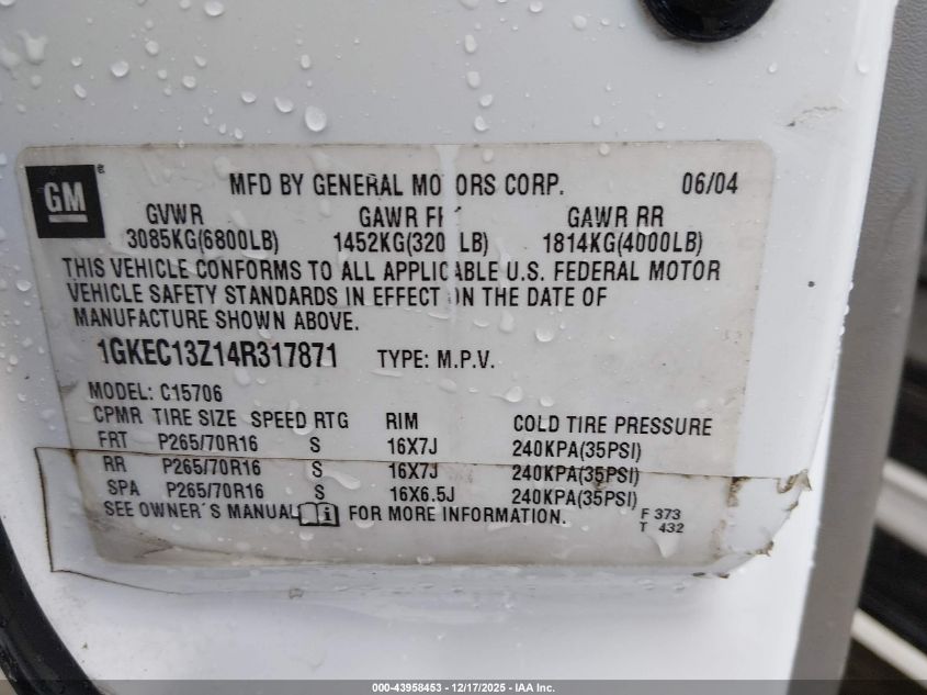 2004 GMC Yukon Sle VIN: 1GKEC13Z14R317871 Lot: 43958453